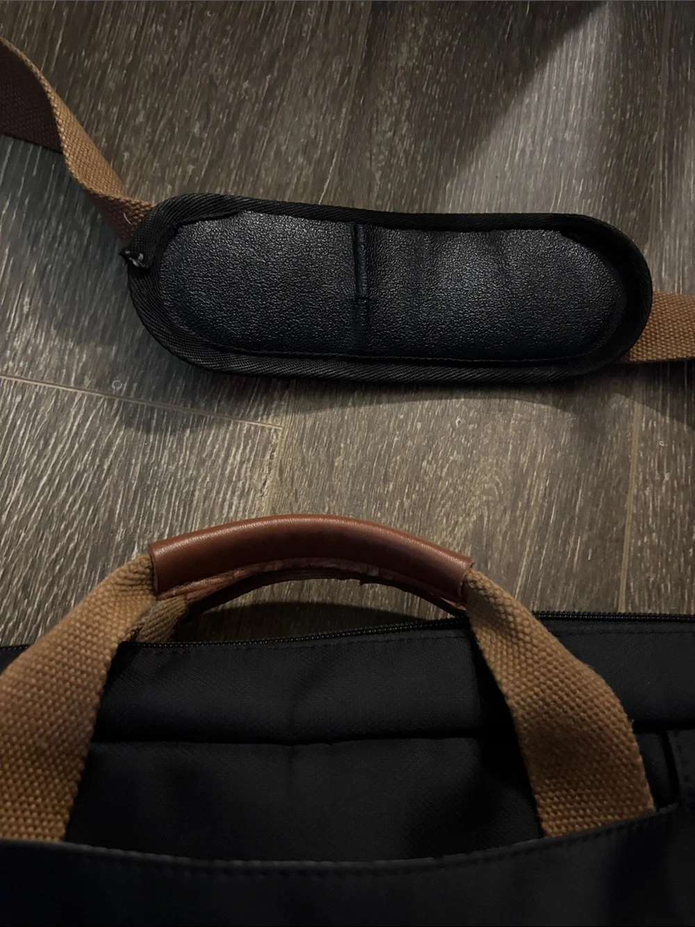 Convertible Black Briefcase Messenger Bag w/ Tan Accents hidden backpack straps